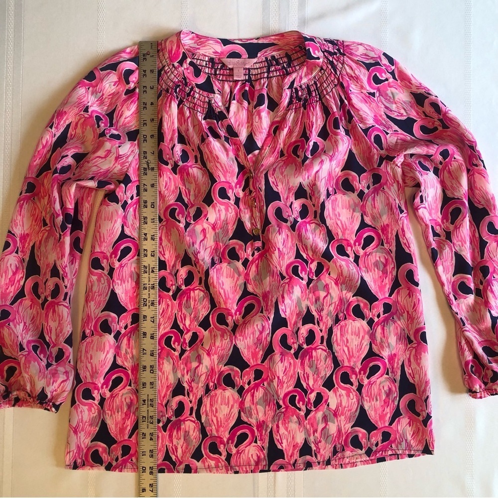 Lilly Pulitzer 100% Silk Pink & Black Long Sleeve Blouse w/ Mandarin Collar Sz S - Picture 7 of 10